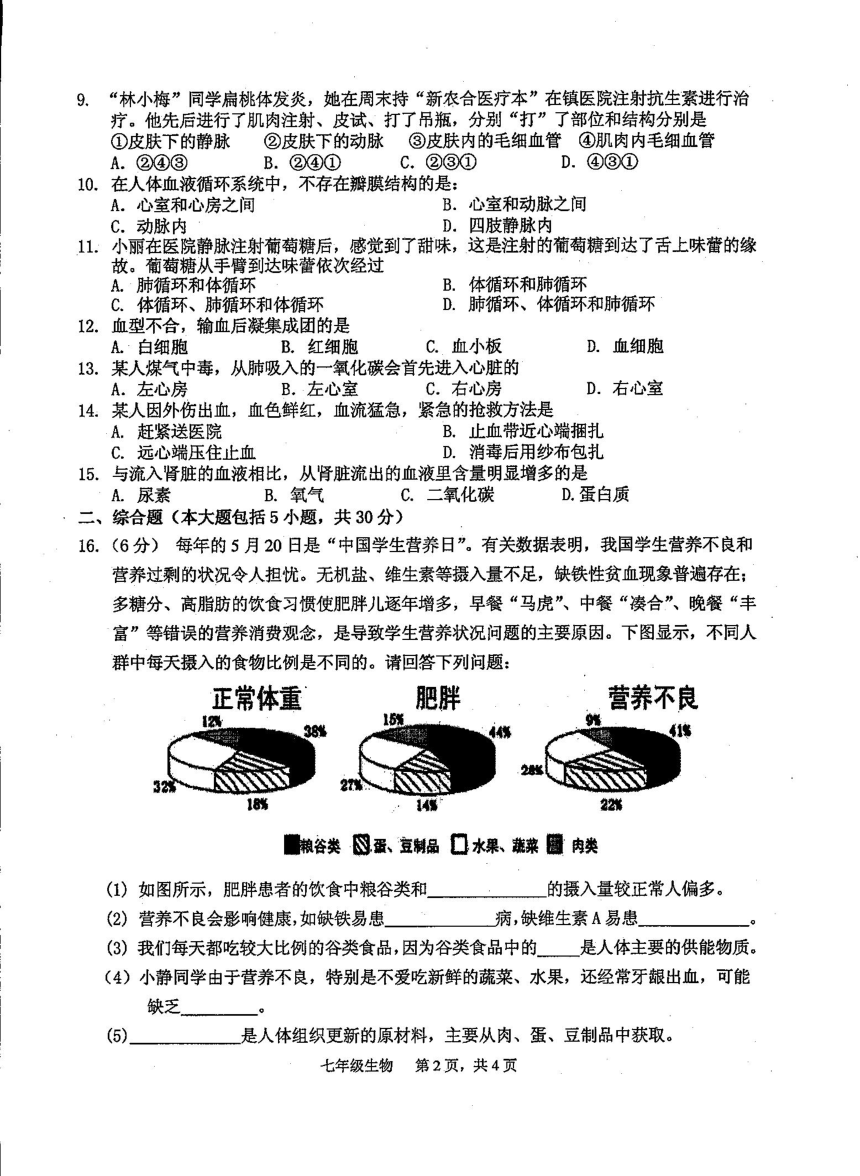 广西壮族自治区钦州市浦北县2022-2023学年七年级下学期期中生物（pdf版无答案）（60分制）