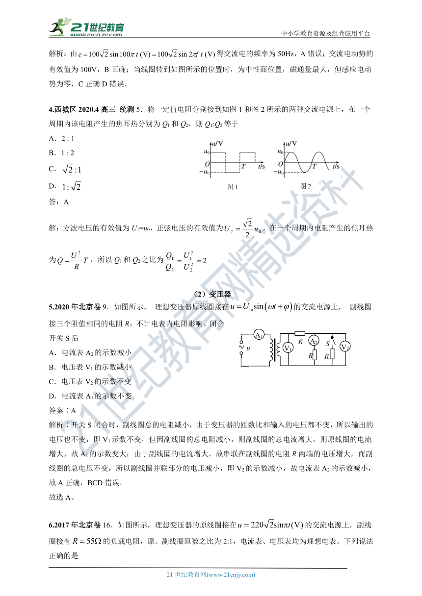 北京市2011-2020年高考物理专项分类汇编之8—交流电和电磁波（解析卷）