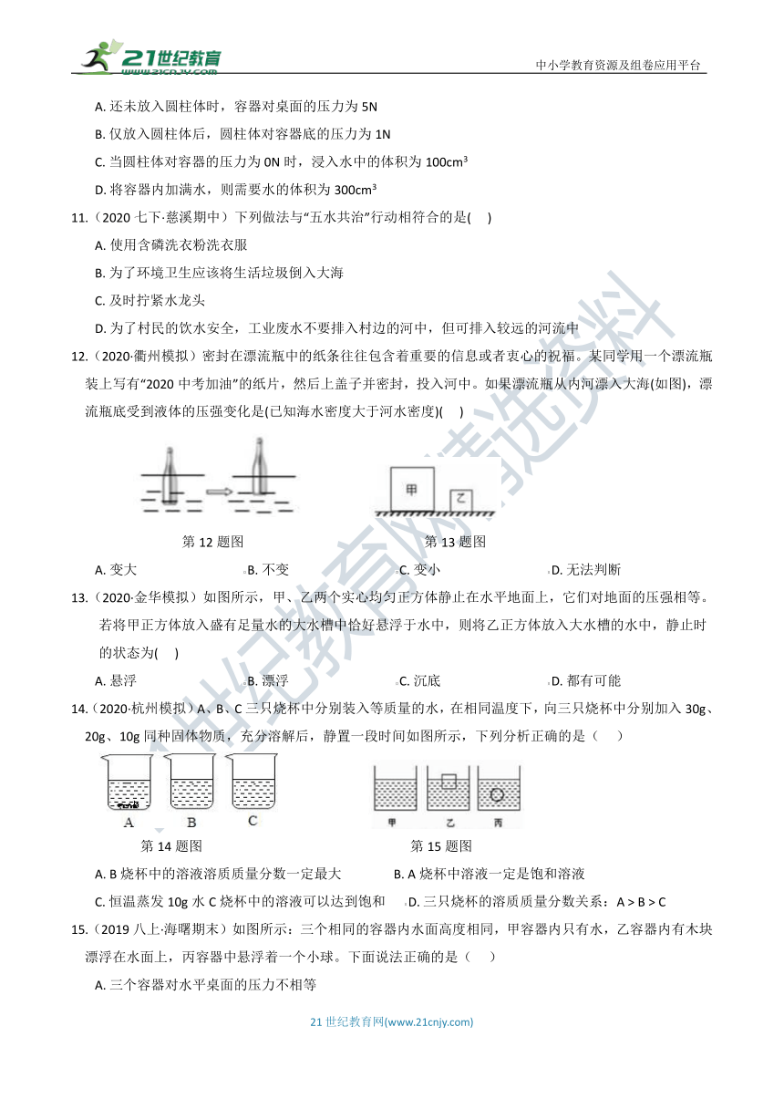 【8年级上册同步重难点集训】05 第1章 水和水的溶液 综合测试（含答案）