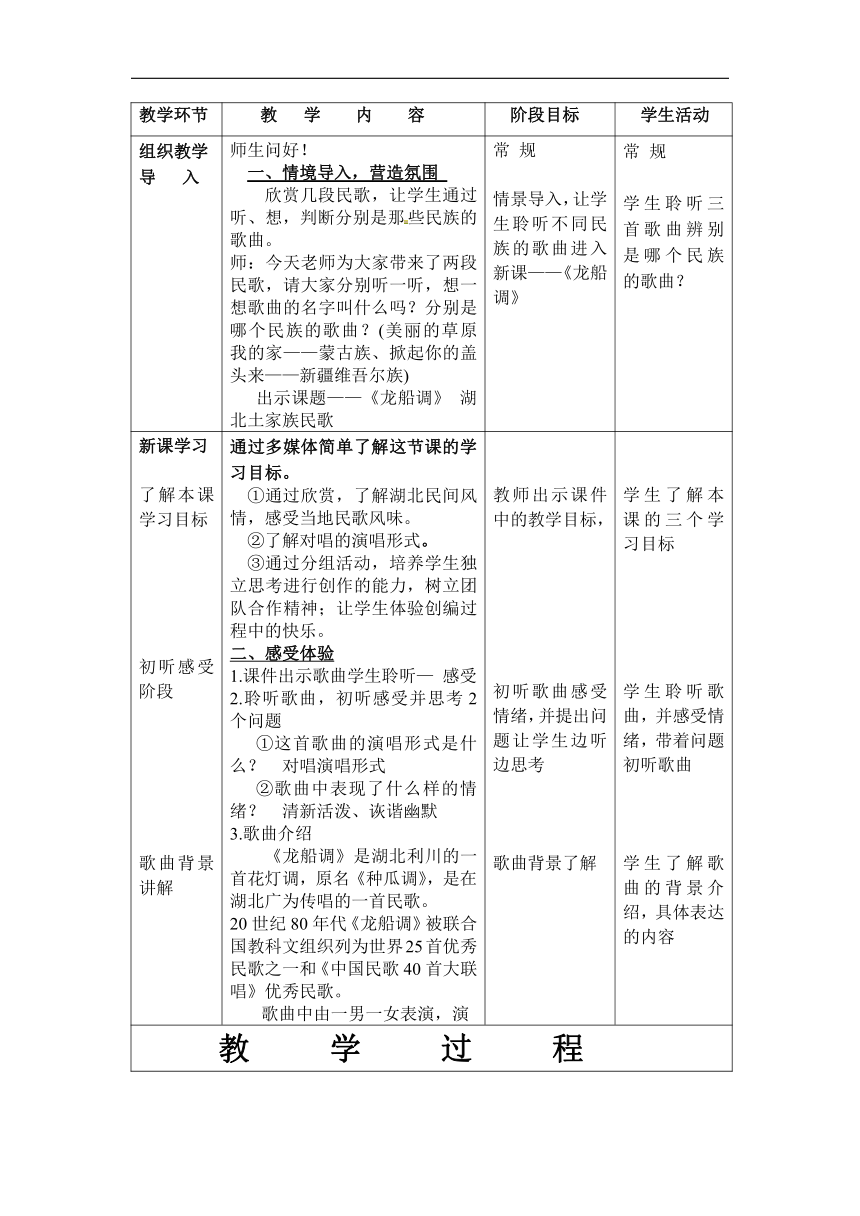 人音版七年级音乐下册（五线谱）第五单元《龙船调》教学设计（表格式）