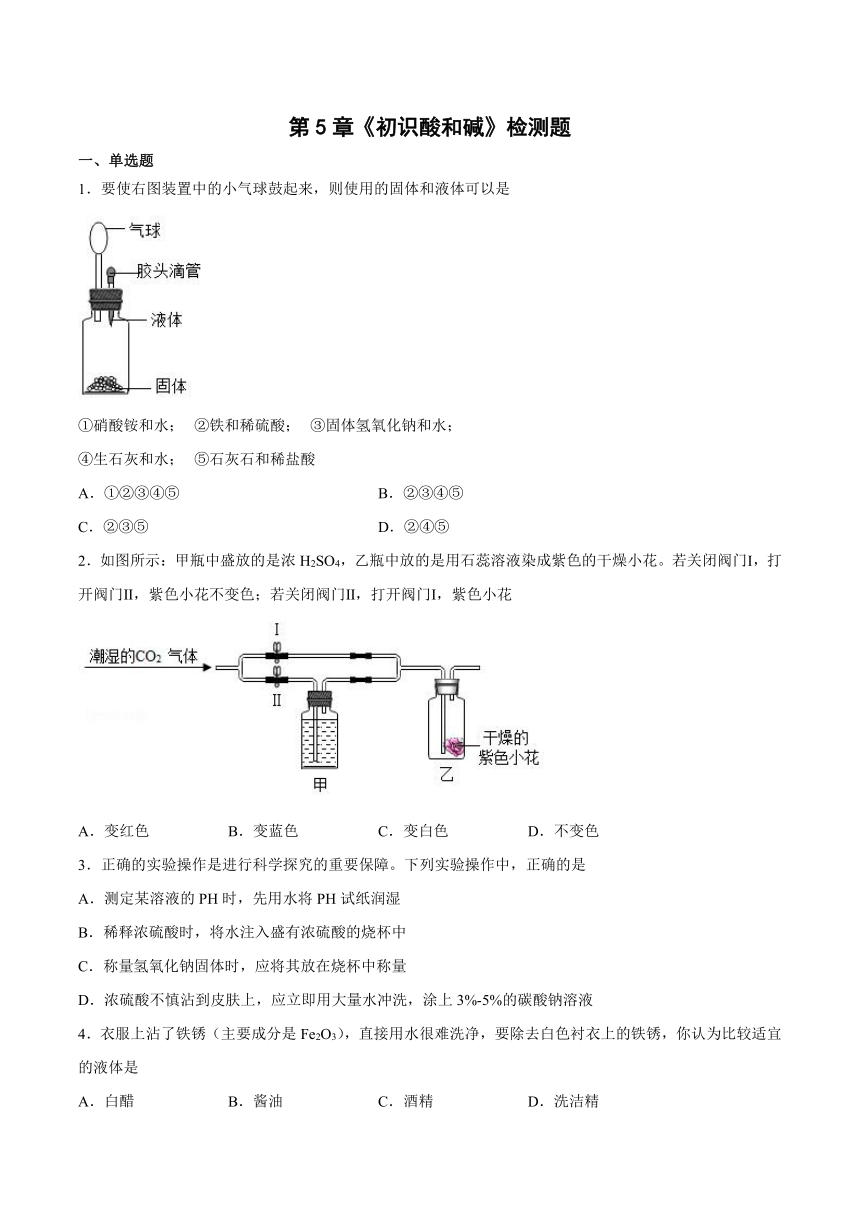 第五单元 初识酸和碱检测题--2021-2022学年九年级化学沪教版（上海）第二学期（word版有答案）