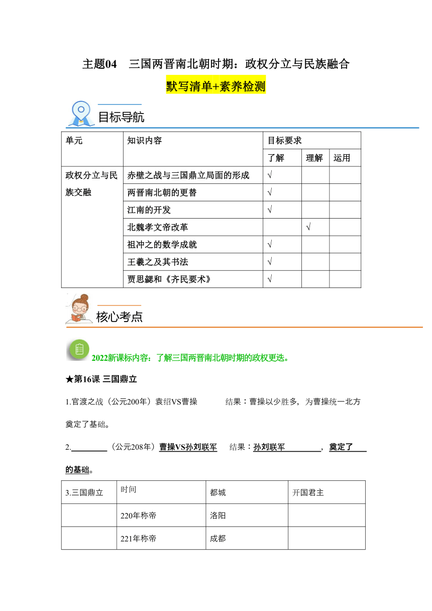 主题04  三国两晋南北朝时期：政权分立与民族交融   默写清单+素养检测（含解析）——2023年中考历史一轮复习