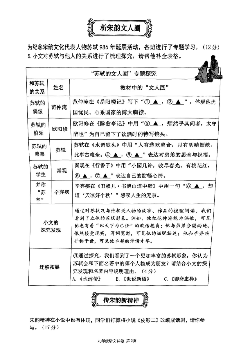 浙江省杭州市西湖区2022-2023学年第一学期九年级语文期末测试卷（图片版无答案）