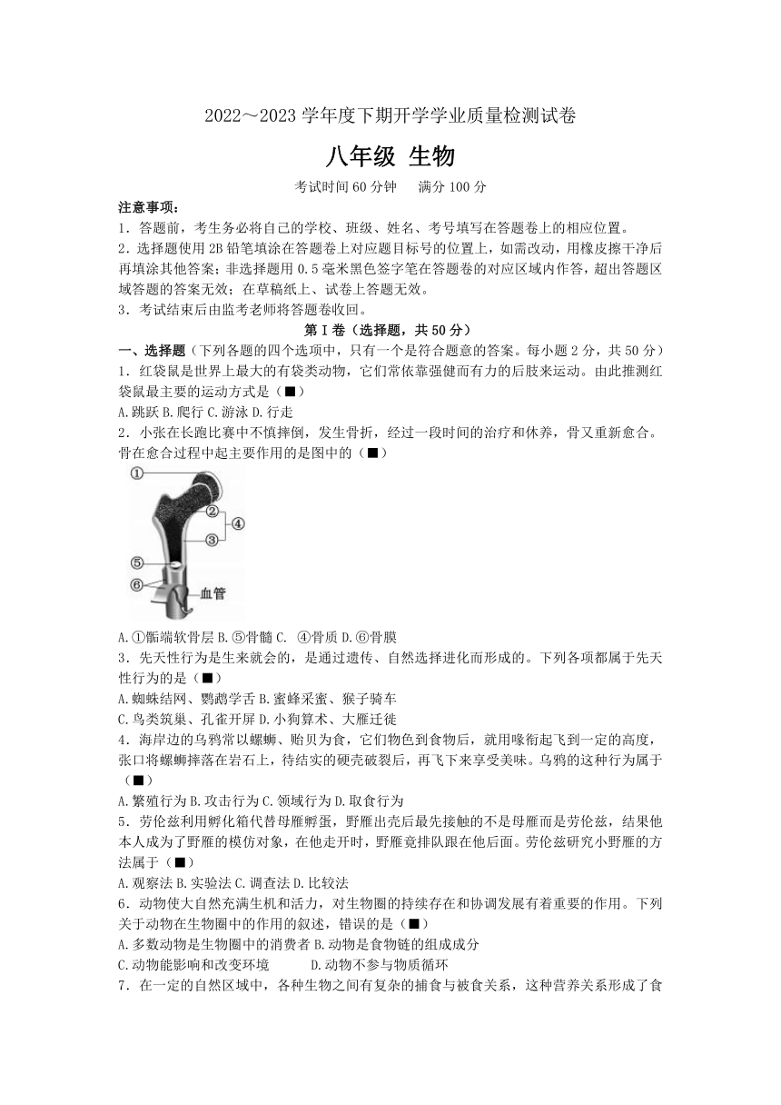 四川省成都市简阳市2022-2023学年八年级下学期开学考试生物试题（无答案）