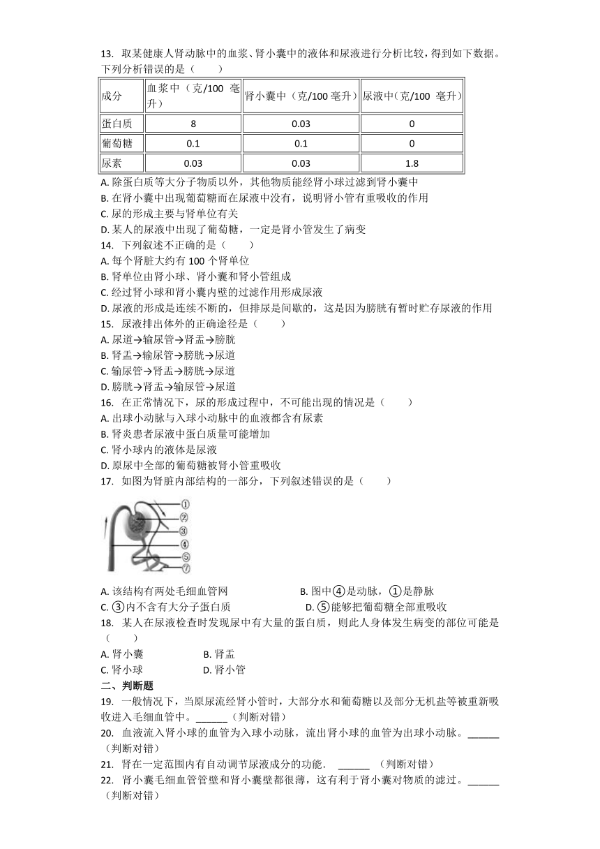 生物北师大版七年级下册 第十一章 人体代谢废物的排出 章节习题（word版含解析）