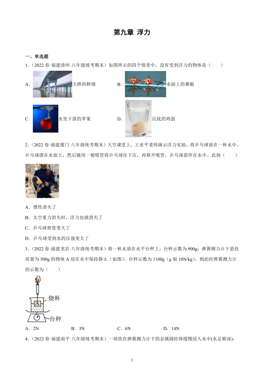 第九章 浮力 练习题2021－2022学年下学期福建省八年级沪科版物理期末试题选编（含解析）