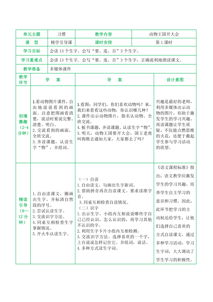 16动物王国开大会 教案(表格式)