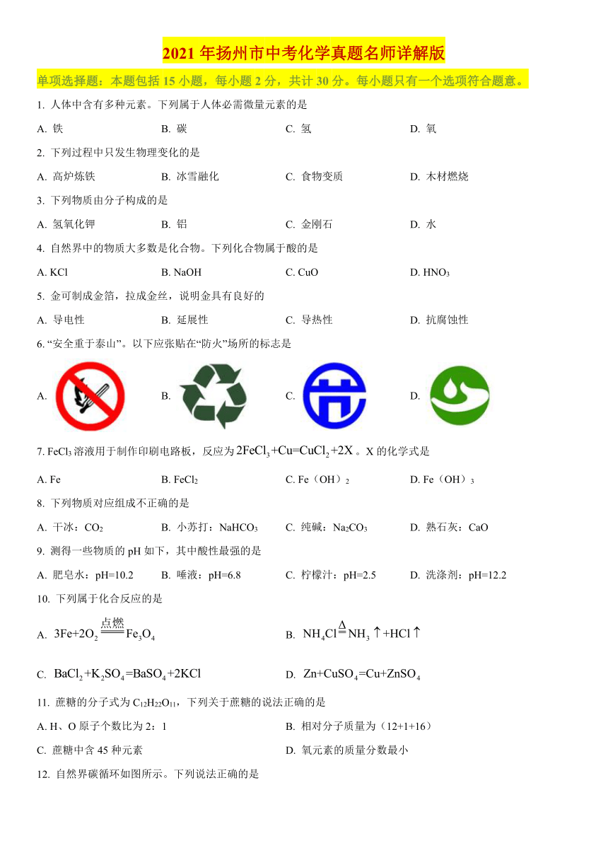 2021年江苏省扬州市中考化学真题试卷（含答案解析）