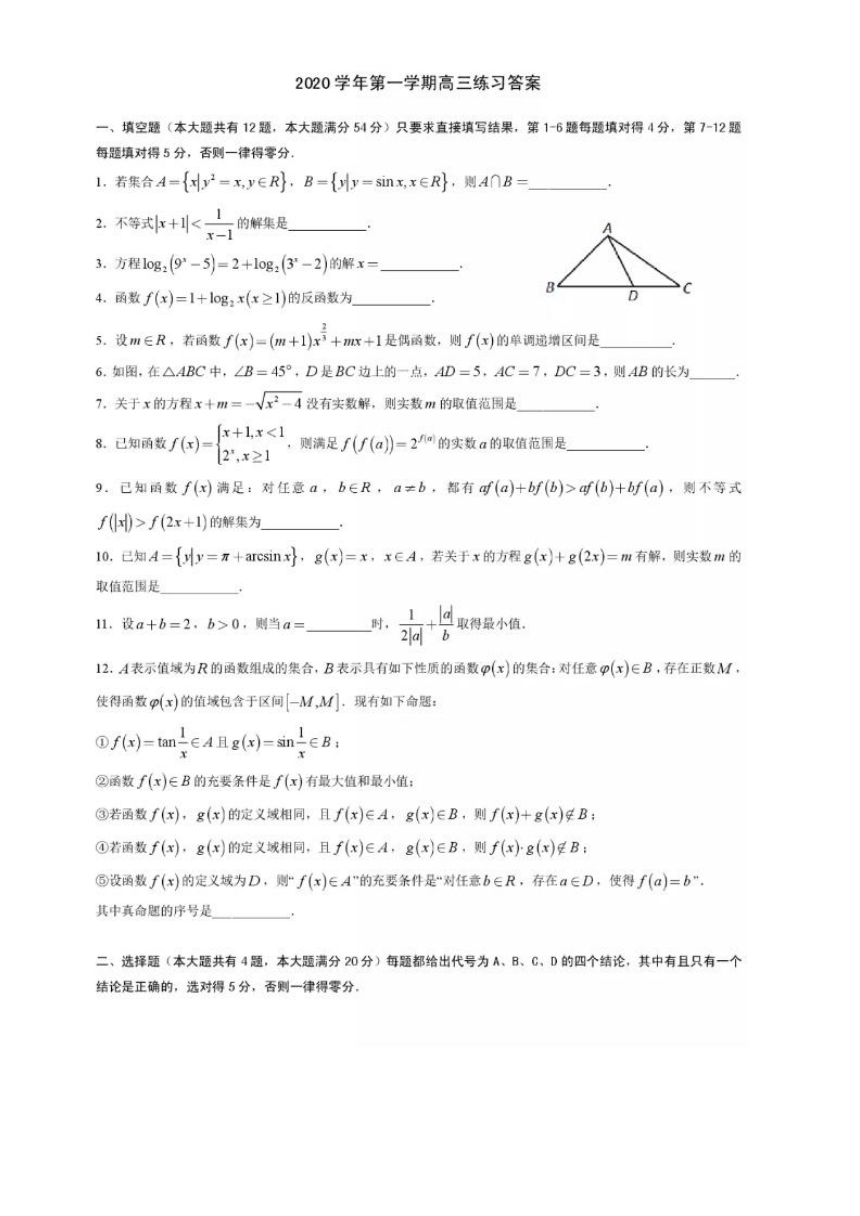 上海市上海中学2021届届高三上学期10月月考数学试卷 PDF版含答案