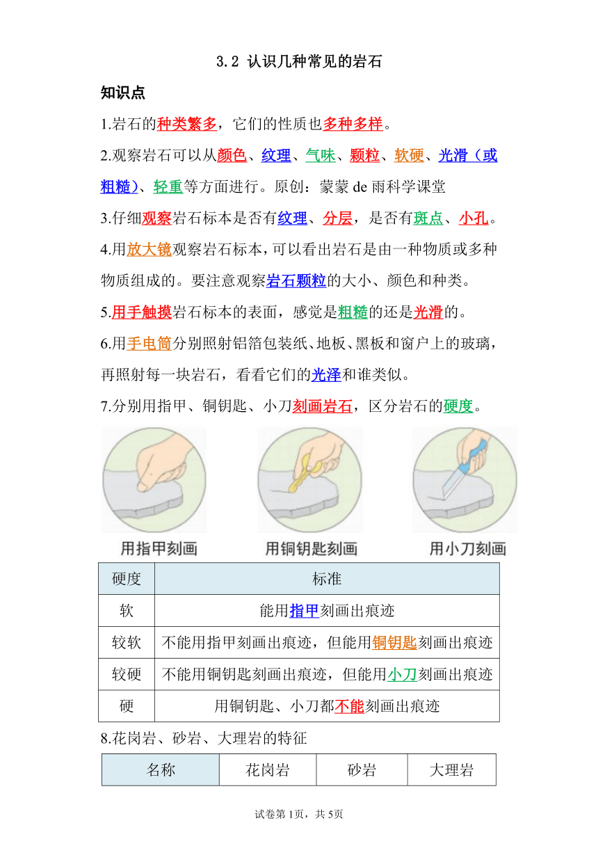 3.2 认识几种常见的岩石 知识点 同步精练（含解析） 2023-2024学年四年级科学下册同步教学（教科版）