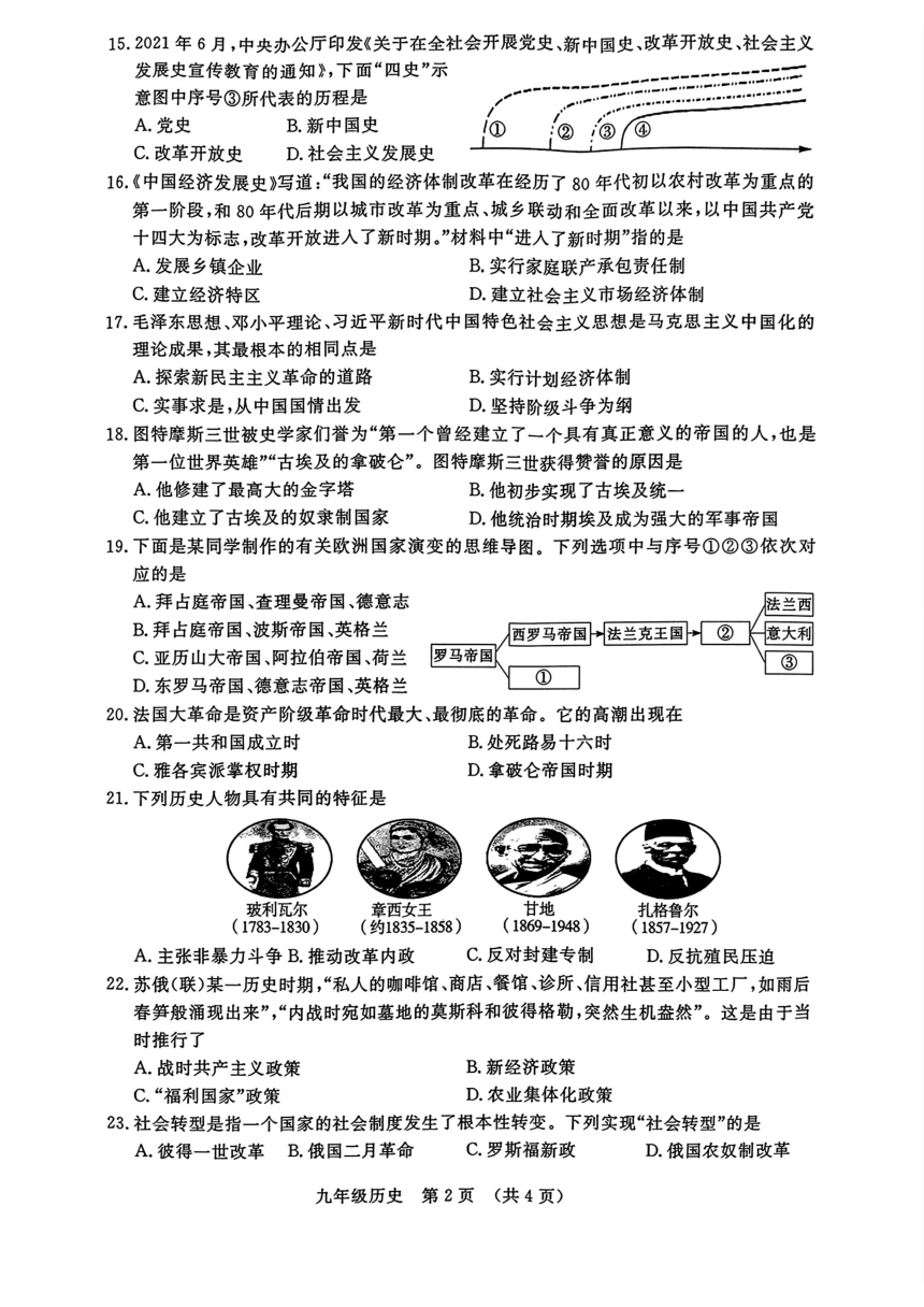 吉林省长春市绿园区2023-2024学年九年级下学期4月中考模拟历史试卷（扫描版含答案）