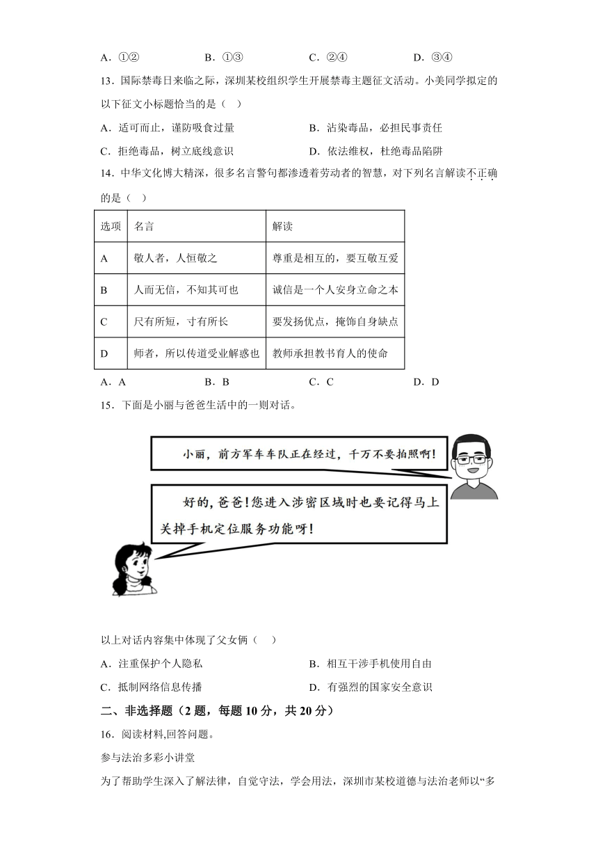 2024年广东省深圳中学中考模拟考试道德与法治试题（含解析）