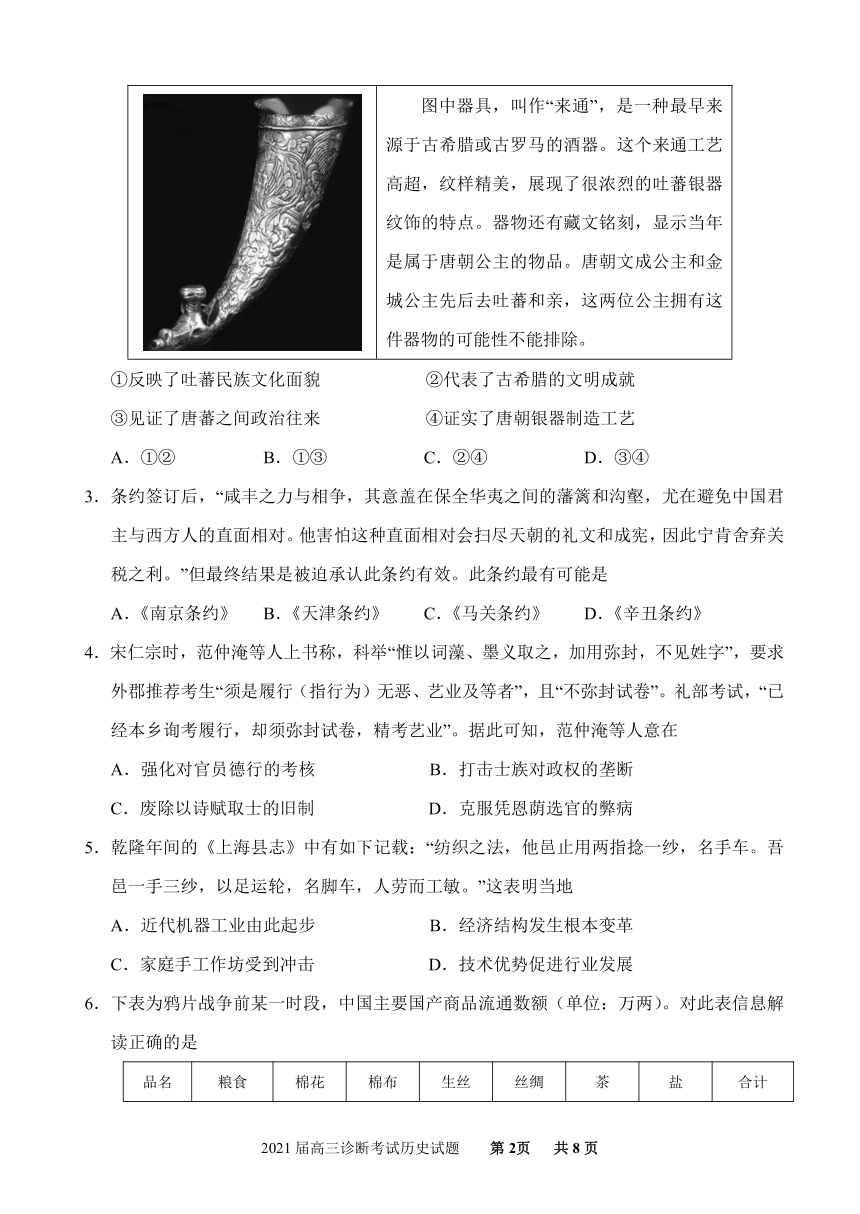 山东省济南大学城实验高级中学2021届高三下学期4月阶段性测试历史试题 Word版含答案