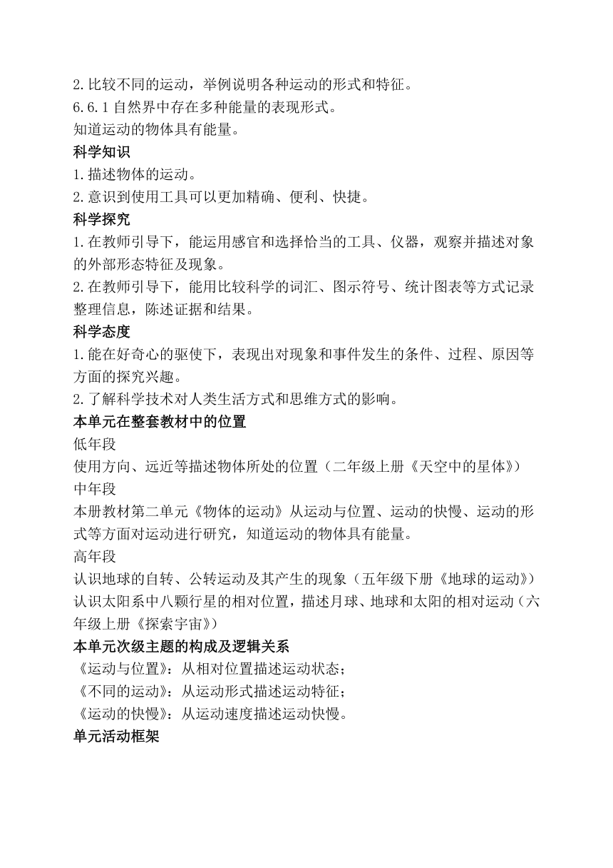 2020新苏教版科学四年级上册第二单元《物体的运动》教材分析