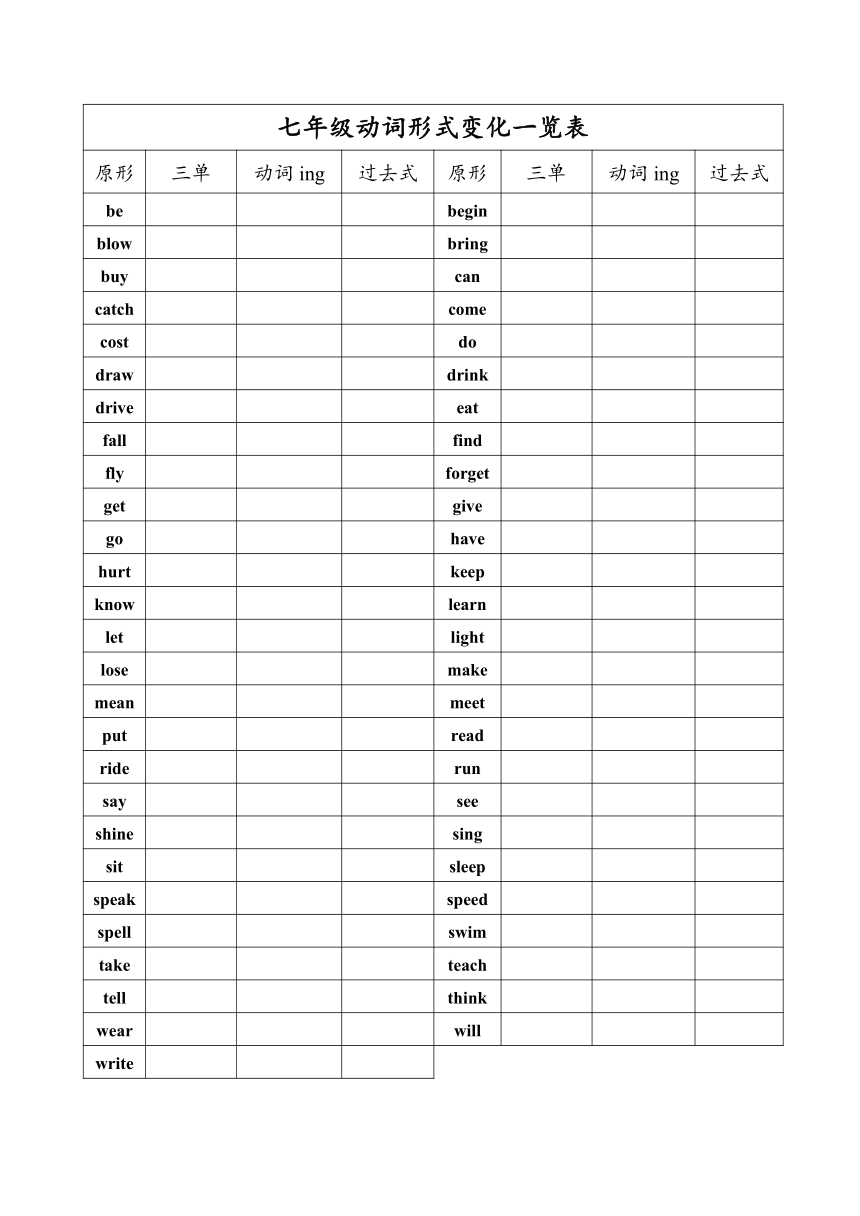 仁爱英语初一七年级全部动词变形(三单+ing形式+过去式)默写表