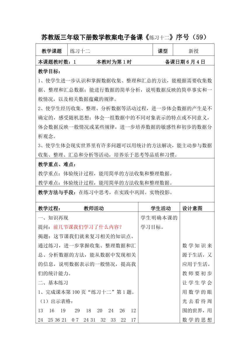 61.苏教版三年级下册数学教案电子备课《练习十二》（表格式）