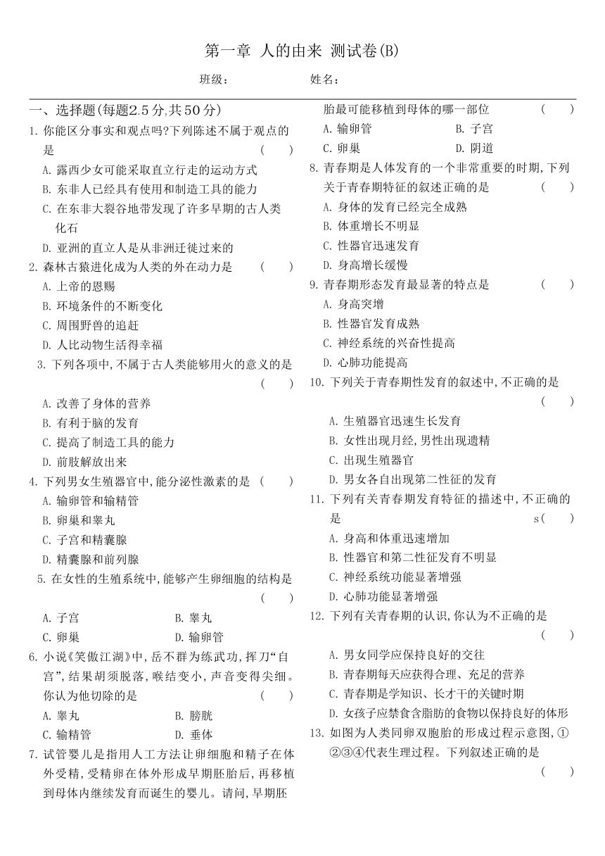 人教版7年级下生物第4单元第一章 人的由来 测试卷(B)（word版，含部分答案解析）