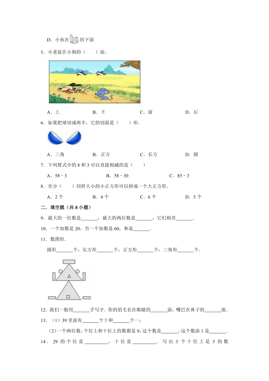 2020-2021学年西师大版小学一年级下册数学期中考试试卷（含解析）