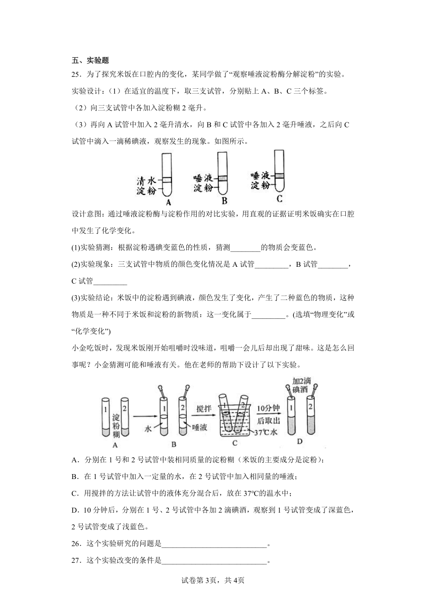 教科版（2017秋）科学六年级下册4.6《生命体中的化学变化》课时练（含答案）