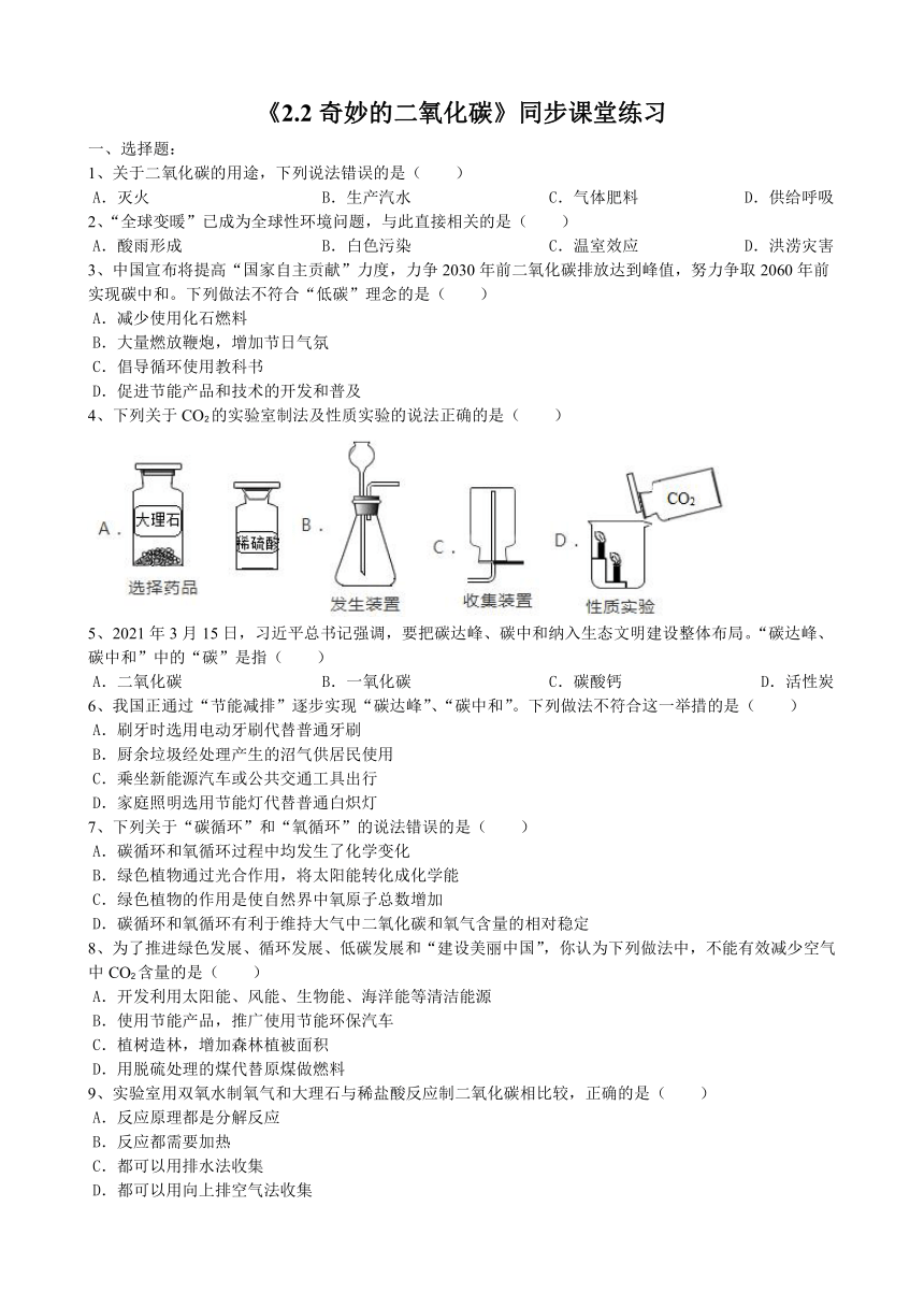 2.2奇妙的二氧化碳同步课堂练习—2021-2022学年九年级化学沪教版上册（有答案）