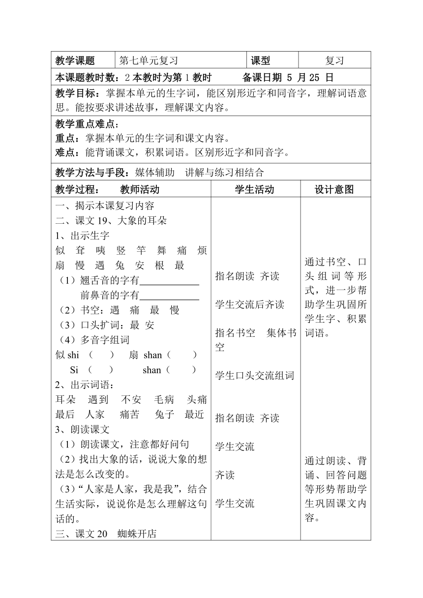 部编版语文二年级下册   第七单元期末复习教案（表格式）