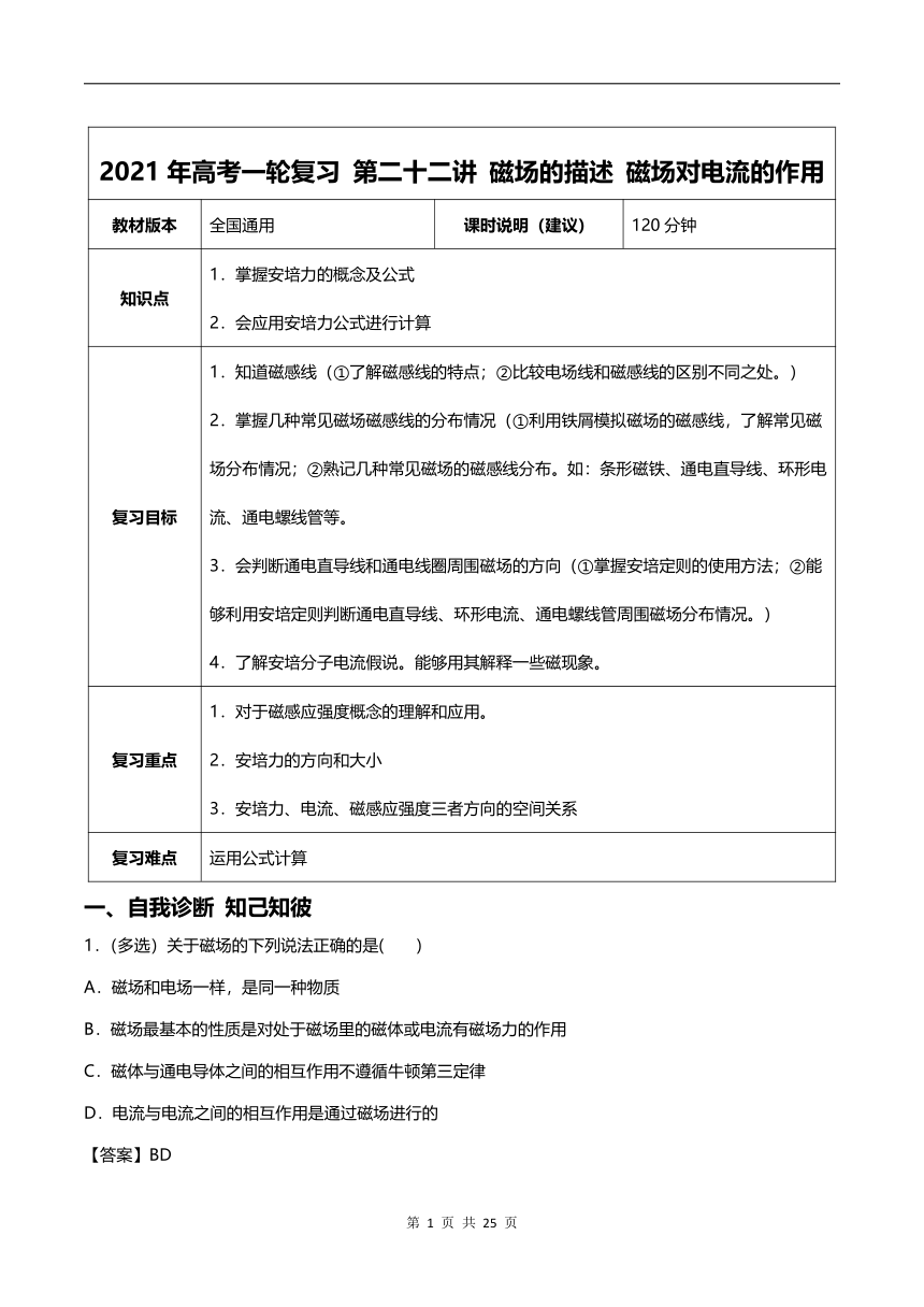 【2021年高考一轮课程】物理 全国通用版 第22讲 磁场的描述 磁场对电流的作用  教案