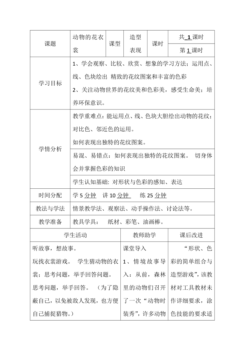 一年级下册美术教案-第11课 动物的花衣裳 岭南版（表格式）