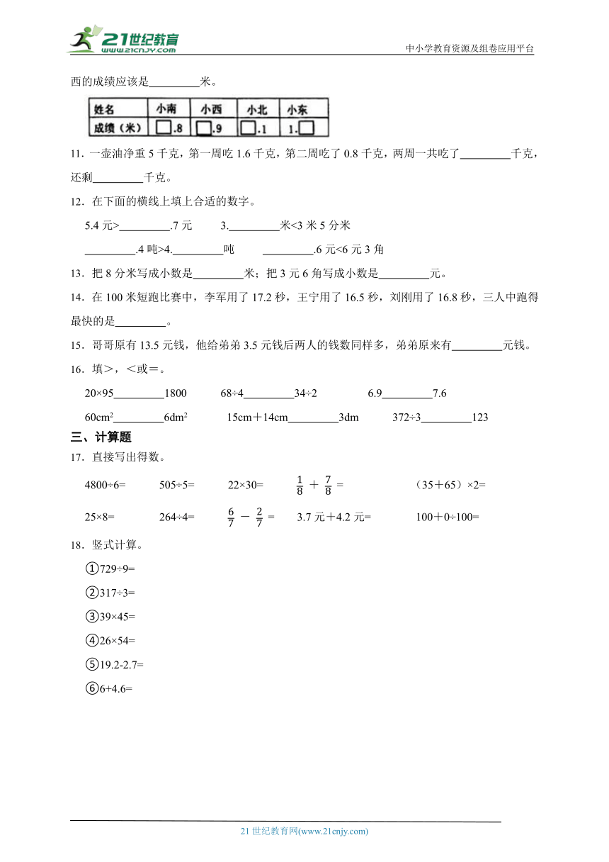 第八单元 小数的初步认识常考易错题巩固卷（单元测试）-小学数学三年级下册苏教版（含答案）