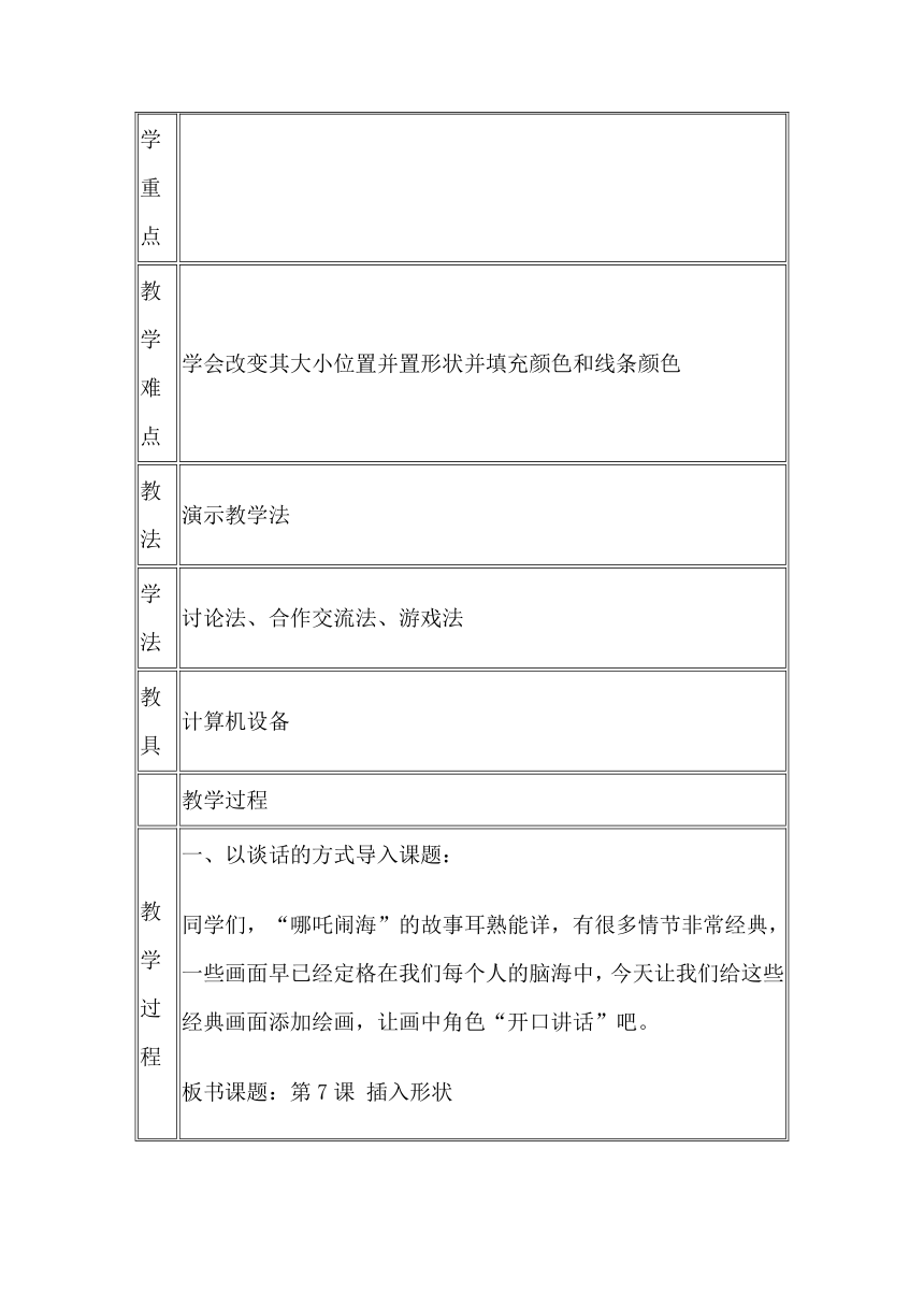 滇人版信息技术三年级第2册 第7课 插入形状 教案（表格式，2课时）