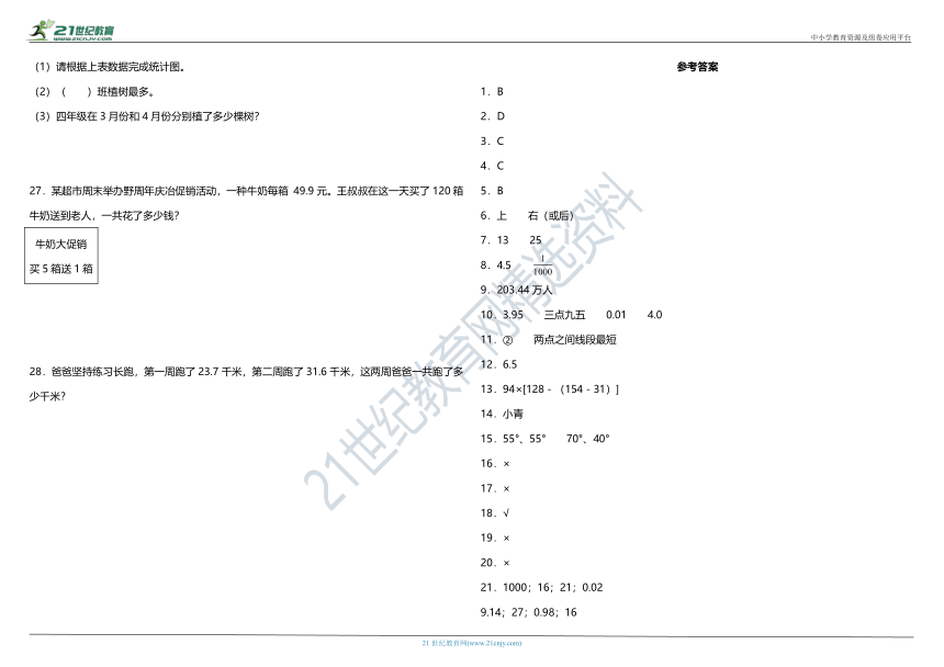 2021年人教版小学数学四年级下册期末综合质量检测卷（三）（含答案）