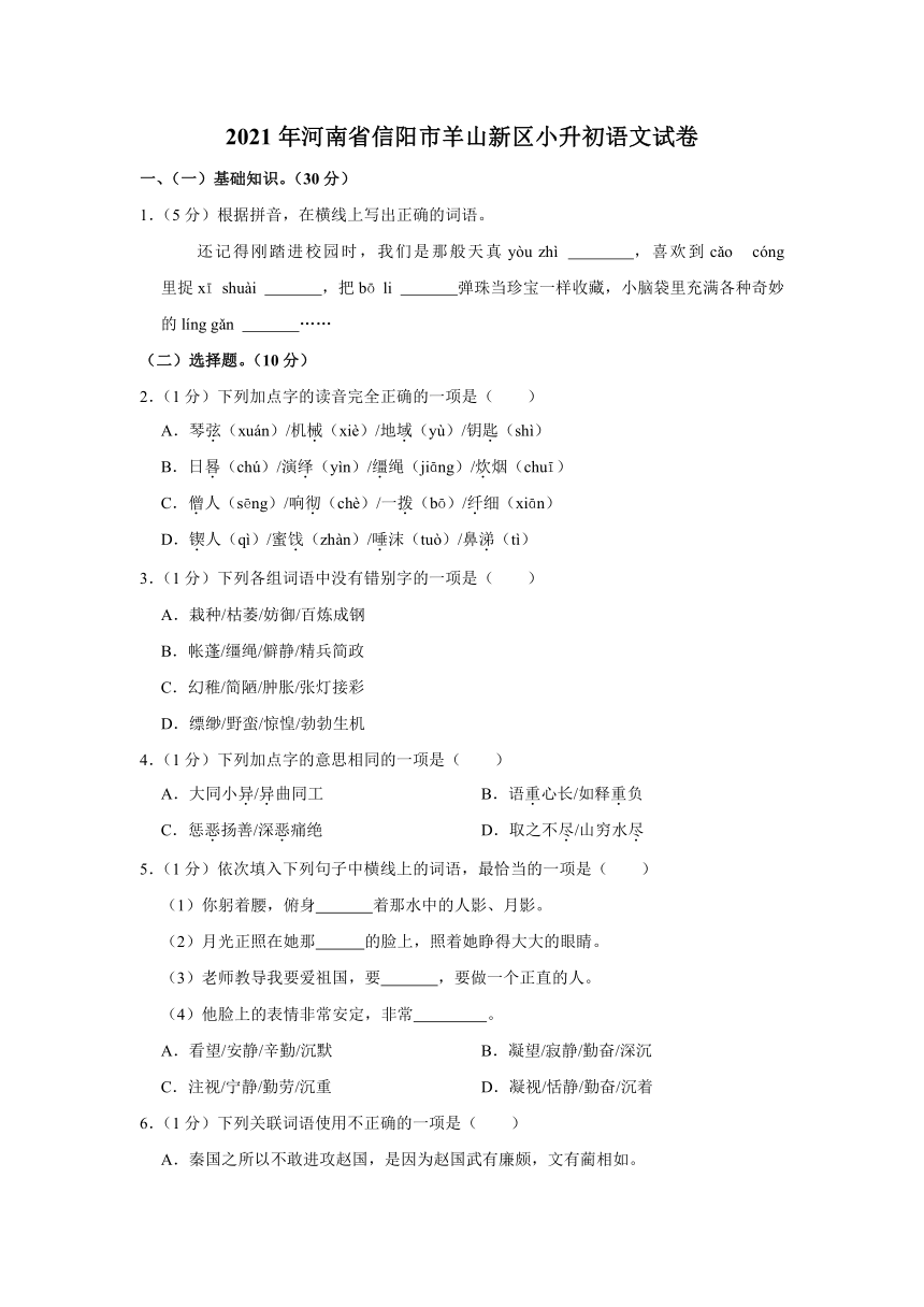 2021年河南省信阳市羊山新区小升初语文试卷  解析版