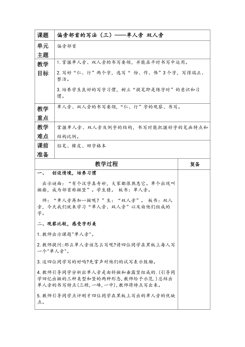 通用版二年级上册书法 单人旁+双人旁 教案(表格式)