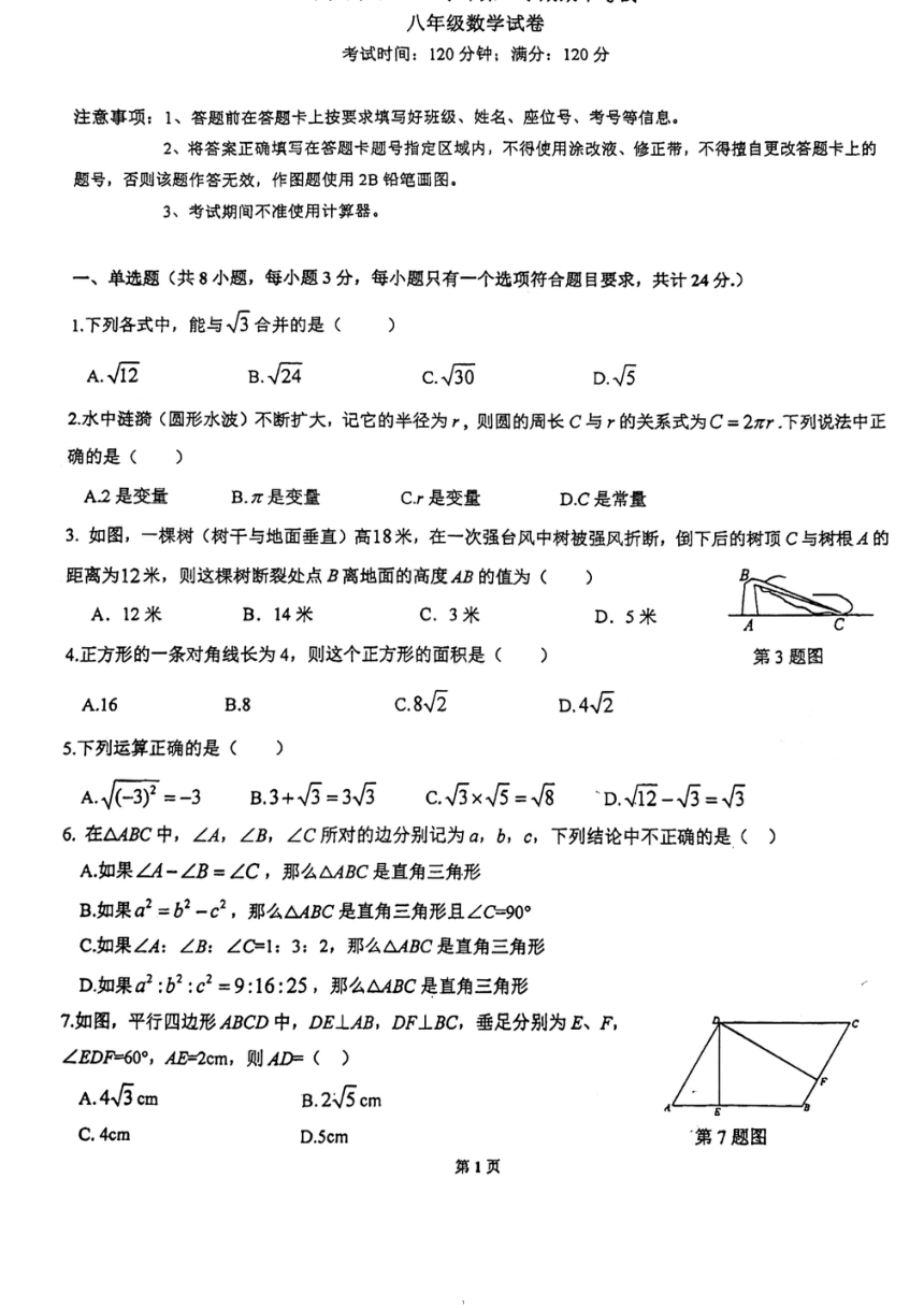 广东省广州中学2023_2024学年八年级下学期数学期中考试试卷（图片版，无答案）