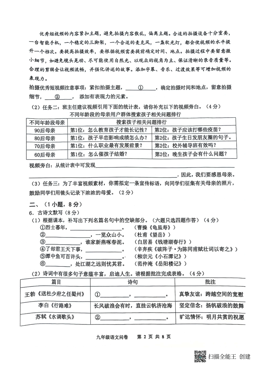 2024年广东省广州市花都区中考一模语文试卷（扫描版，无答案）