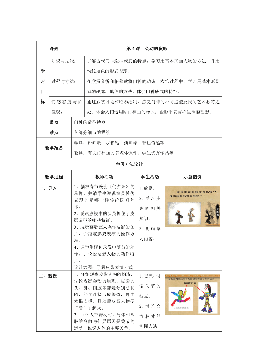 沪教版 四年级下册美术 第4课 会动的皮影 教案（表格式）