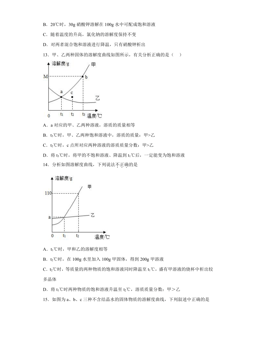 7.2物质溶解的量同步练习（含答案）—2022-2023学年九年级化学科粤版下册