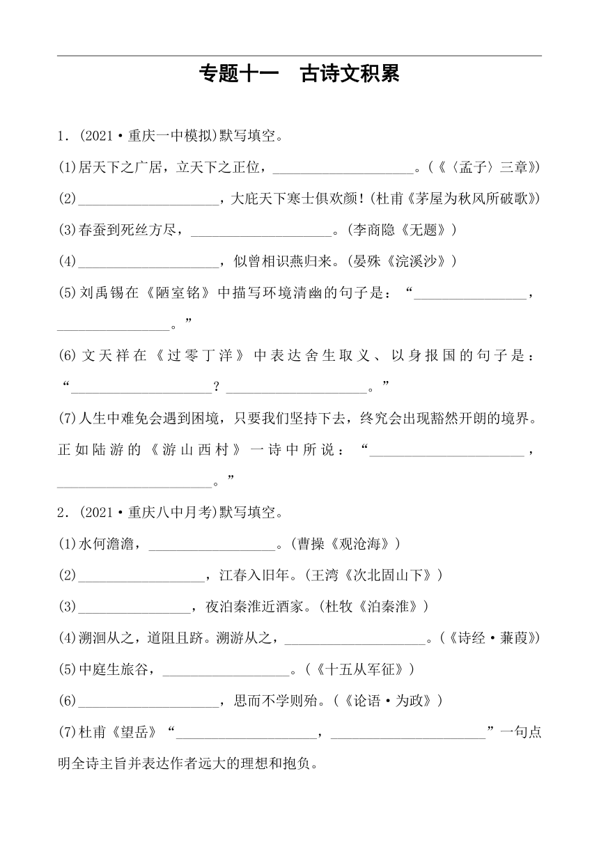 中考初中语文分类备战 专题十一 古诗文积累 精练（含答案）