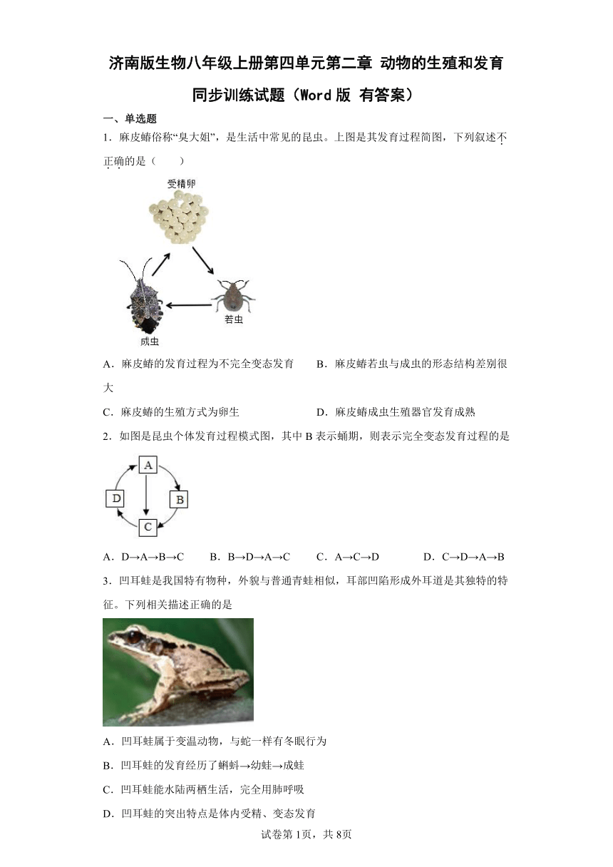 济南版生物八年级上册第四单元第二章 动物的生殖和发育 同步训练试题（Word版 含解析）