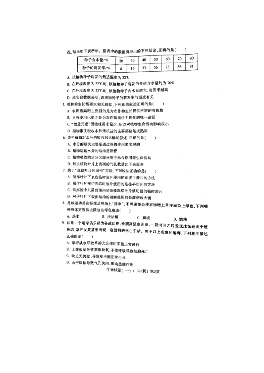 山东省阳谷县2021年中考第一次模拟考试生物试题（图片版  扫描含答案）