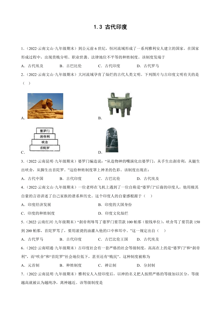 第3课古代印度期末试题分类选编2021-2022学年云南省各地部编版历史九年级上册（含解析）