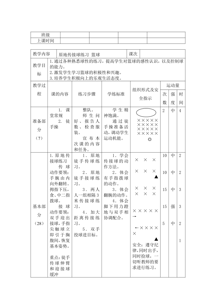 小学体育与健康 原地传接球练习 篮球 教案（表格式）