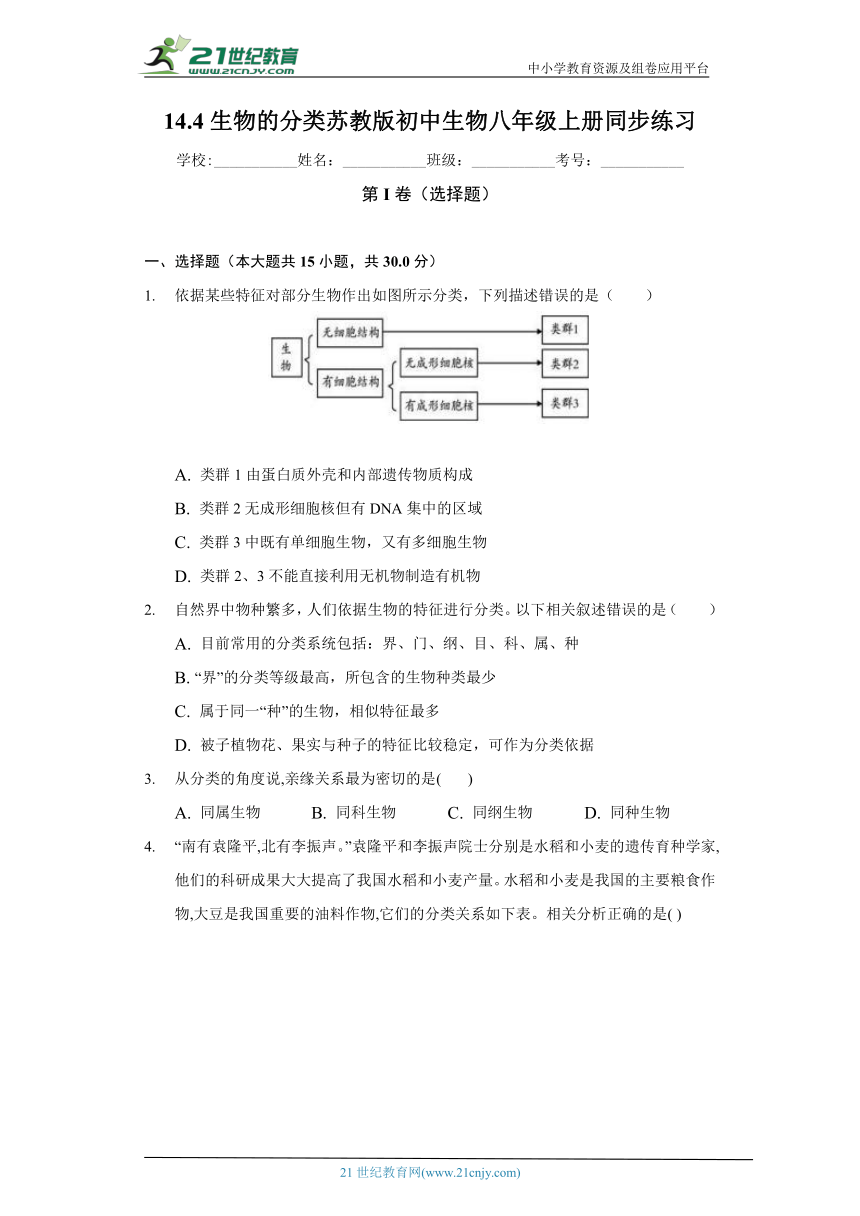 苏教版初中生物八年级上册14.4生物的分类 同步练习（含答案解析）