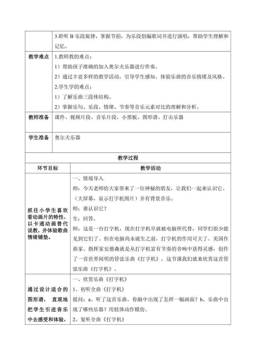 人音版    四年级上册音乐 3 《打字机》 教案（表格式）