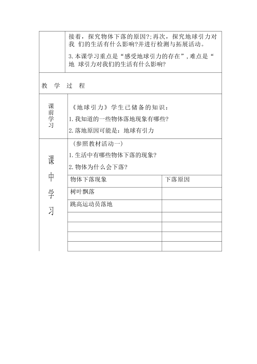 青岛版（六三制2017秋）五年级上册科学4.12.地球引力  教案（表格式）