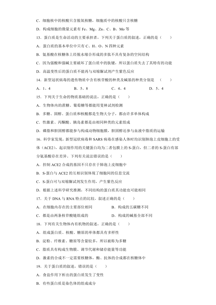 新疆维吾尔自治区喀什地区莎车县第一学校2021-2022学年高一上学期第三次质量检测生物试题（Word版含答案）