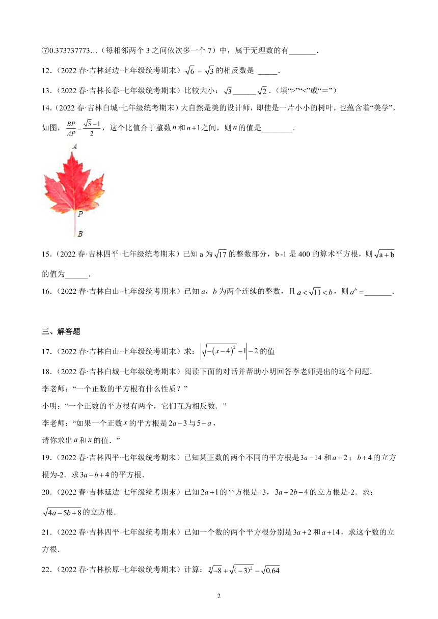 第六章：实数练习题（含解析）2021-2022学年吉林省各地七年级下学期人教版数学期末试题选编