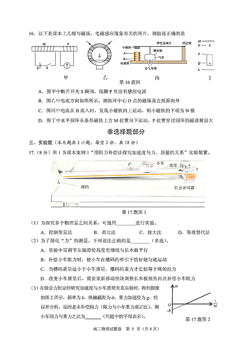 浙江省杭州市七县市2021-2022学年高二上学期期末学业水平测试物理试题（扫描版含答案）