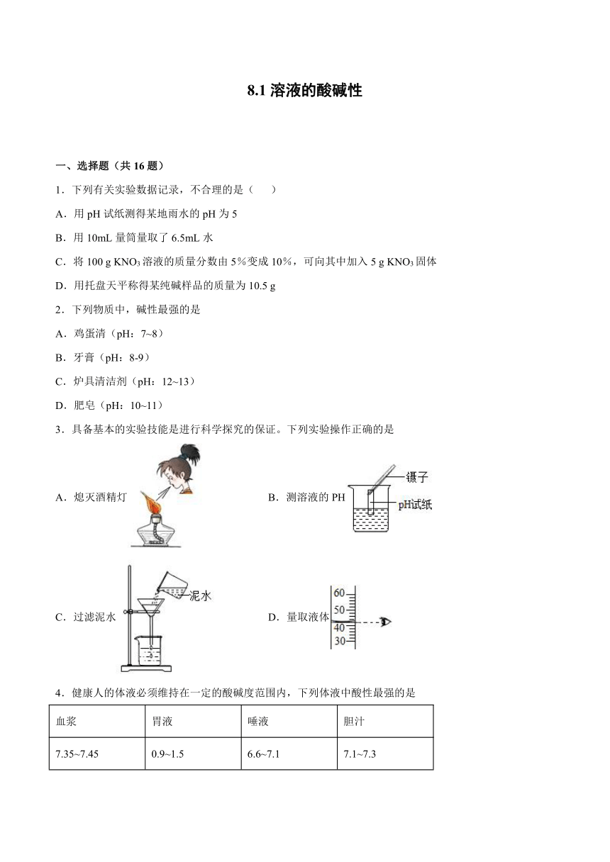 8.1溶液的酸碱性-2021-2022学年九年级化学科粤版（2012）下册（word版含解析）