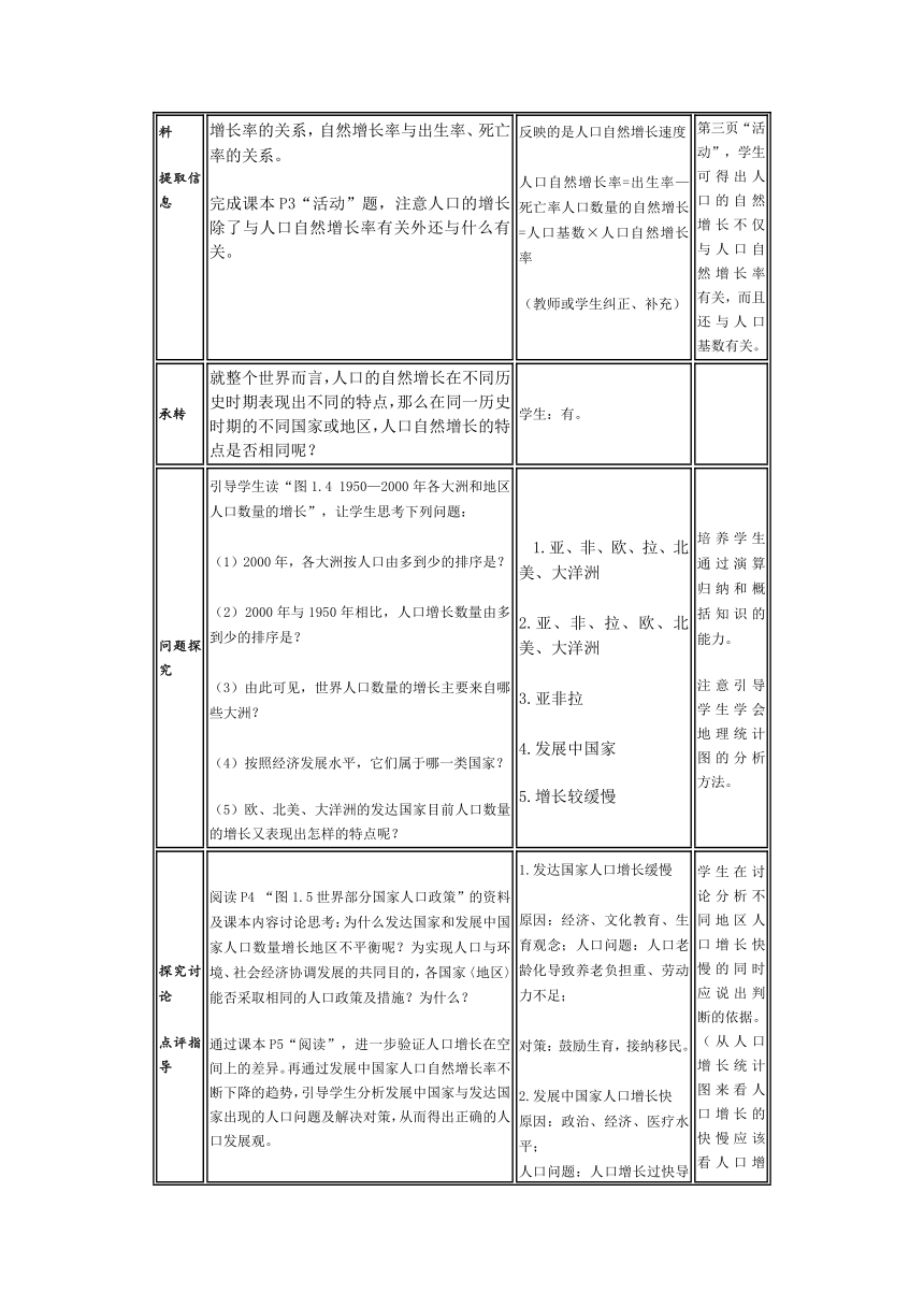 1.1 人口的数量变化 表格式教案