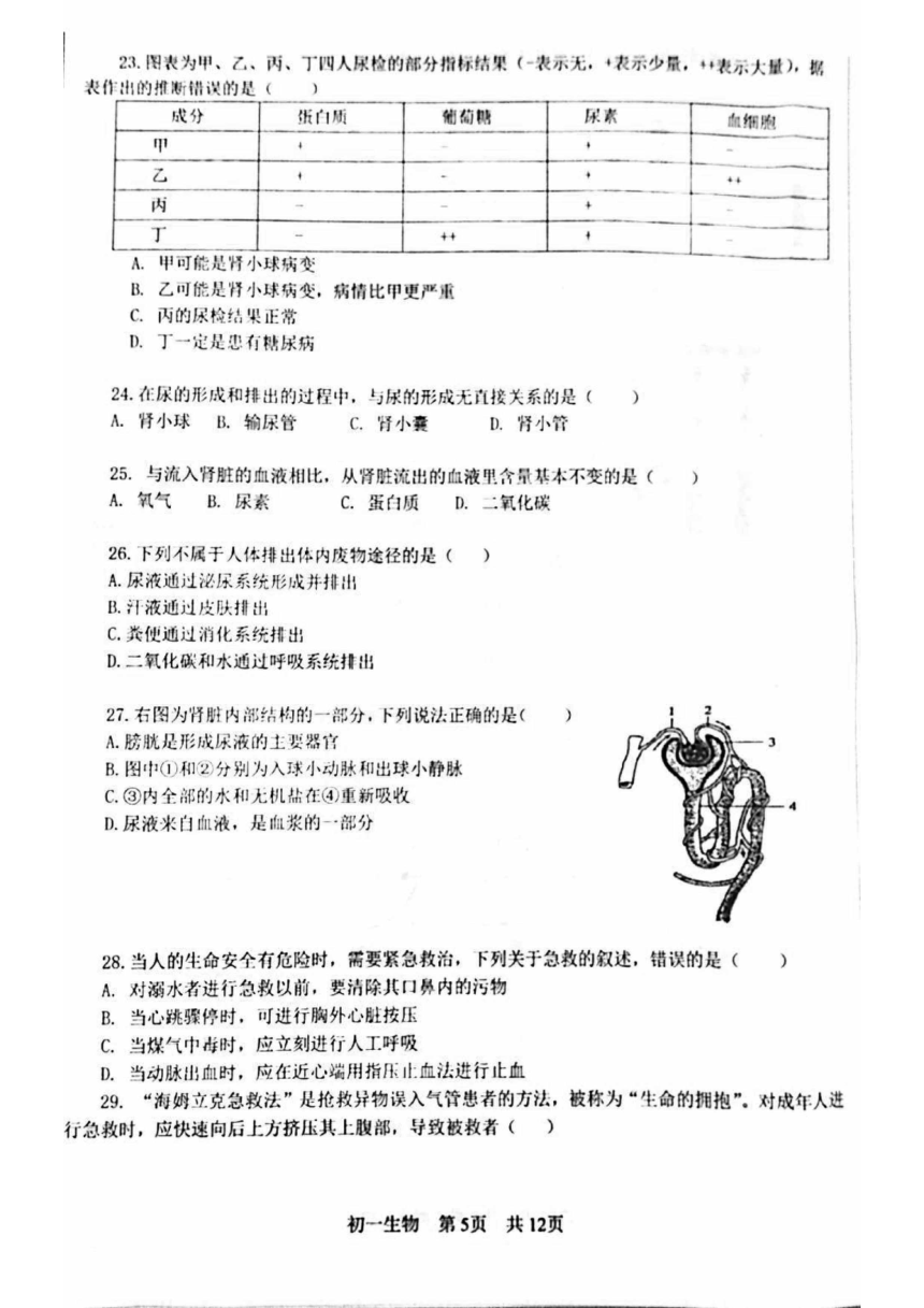北京市一零一中学教育集团2022-2023学年七年级下学期期中练习生物试卷（pdf版无答案）